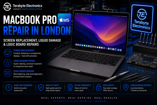  modern Apple MacBook Pro open on an electronics workbench, highlighting professional MacBook repair in London.
