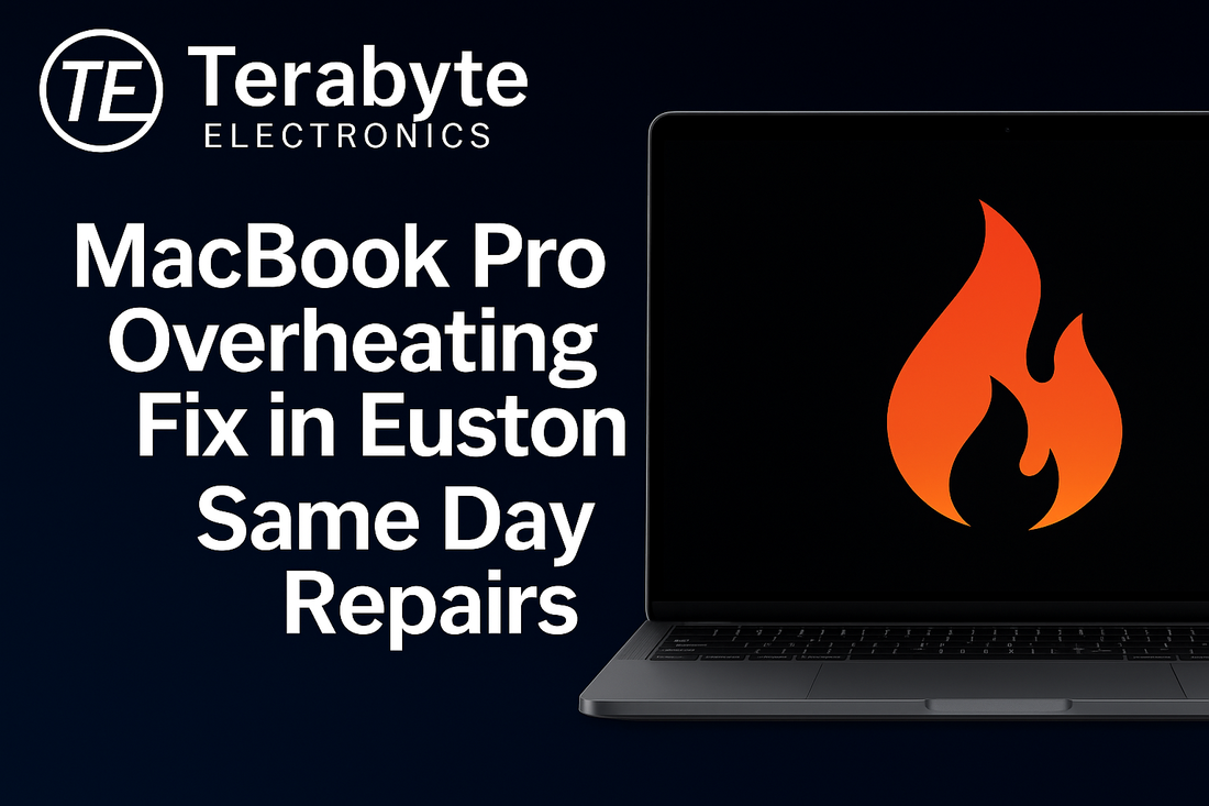 MacBook Pro overheating fix in Euston by Terabyte Electronics showing laptop with heat icon promoting same-day repair service