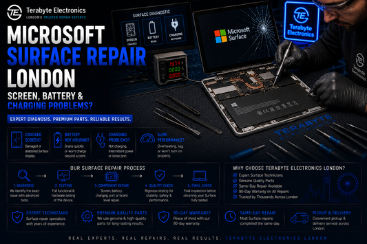 An electronics specialist using localized micro-thermal heat plates and precision non-conductive tools to safely lift a cracked touchscreen digitizer glass from a Microsoft Surface Pro chassis.