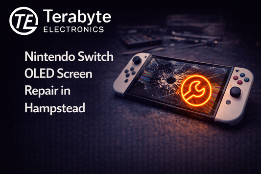 Nintendo Switch OLED with cracked screen undergoing professional screen repair by Terabyte Electronics in Hampstead