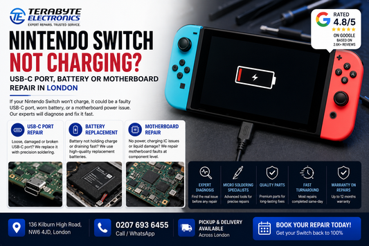 Nintendo Switch OLED charging on repair bench at Terabyte Electronics Kilburn London