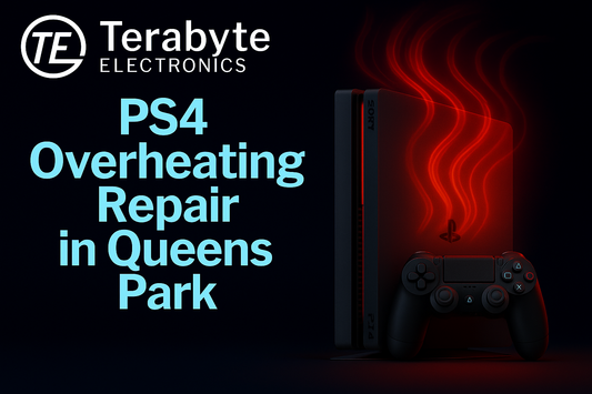 PS4 Overheating Repair in Queens Park – Terabyte Electronics professional gaming console repair service featuring PS4 with red heat glow effect and controller on dark tech background.