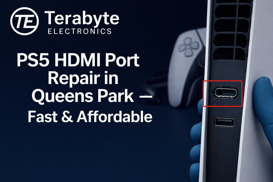PS5 HDMI port repair in Queens Park by Terabyte Electronics showing PlayStation 5 console with highlighted HDMI port