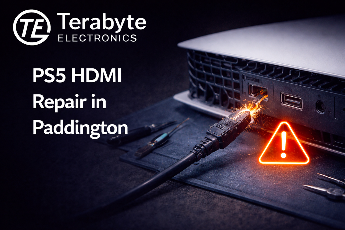 PS5 HDMI repair service in Paddington by Terabyte Electronics showing damaged HDMI port with warning icon