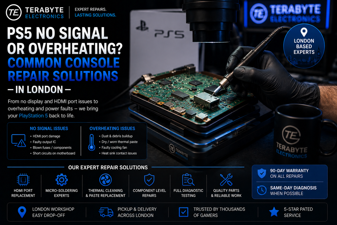 Professional technician using a micro-soldering station to replace a damaged HDMI port on a PlayStation 5 motherboard inside a London Terabyte electronics workshop.