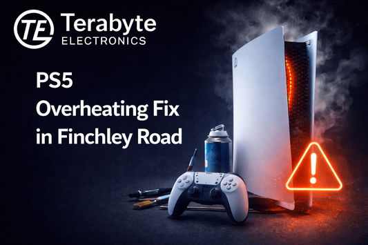 PS5 console showing overheating warning during repair setup, highlighting professional PS5 overheating fix services by Terabyte Electronics in Finchley Road