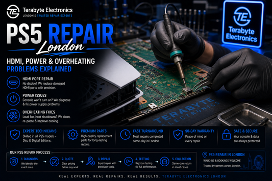 An electronics technician using precision micro-soldering tools to secure a premium replacement HDMI port onto a PlayStation 5 motherboard, highlighting expert console repair in London.