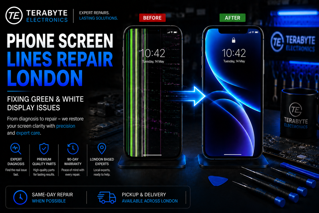 Before and after of an iPhone OLED screen repair fixing vertical green and white lines at Terabyte Electronics London.