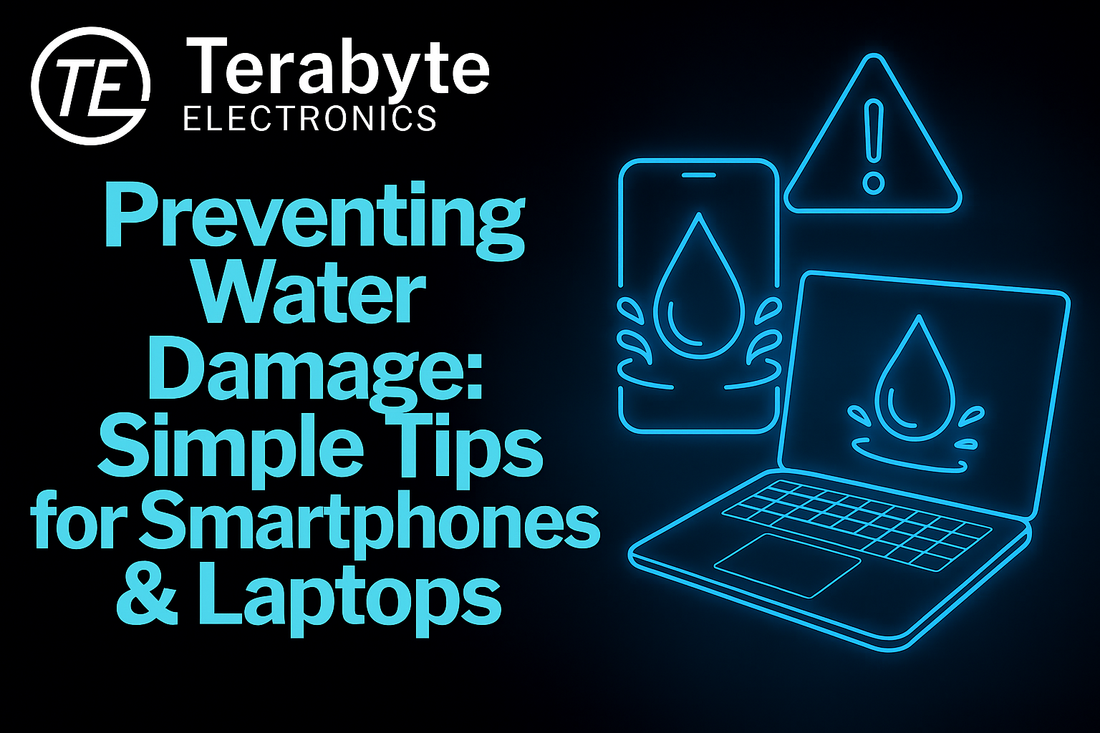 Terabyte Electronics blog image showing smartphone and laptop with water droplet icons — illustrating simple tips for preventing water damage in electronic devices.