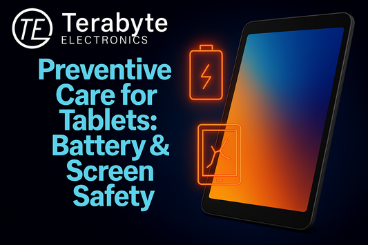 Preventive care for tablets with neon icons showing battery safety and cracked screen warnings beside a tablet device – Terabyte Electronics blog image.