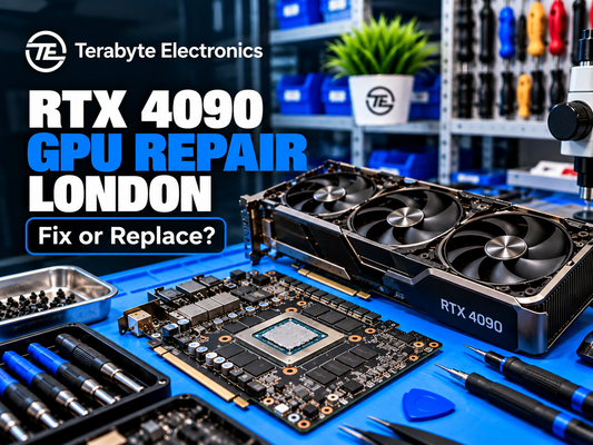 Conceptual diagram showing diagnostic testing on a high-end RTX 4090 graphics card power connector and circuit board