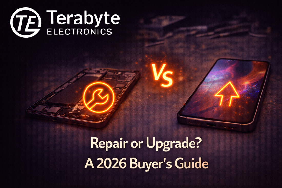 Comparison between repairing an older smartphone and upgrading to a new device, highlighting cost and performance decisions in 2026 by Terabyte Electronics