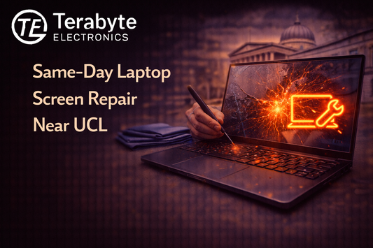 Same-day laptop screen repair near UCL London – cracked laptop display replacement service for students and professionals by Terabyte Electronics