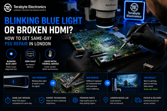Same-day PS5 HDMI port replacement and liquid metal thermal service at Terabyte Electronics London.