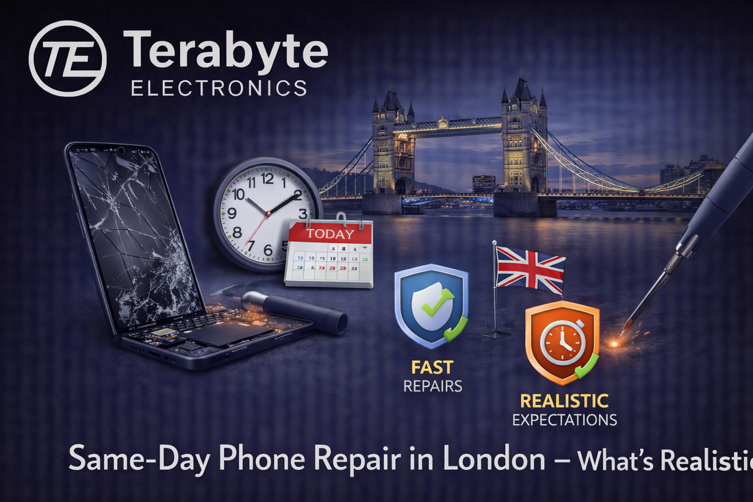 Same-day phone repair in London showing cracked smartphone repair, clock and calendar icons, UK flag, and Terabyte Electronics technician performing fast mobile repair.