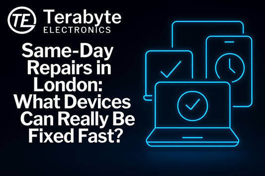 Digital devices with clock and checkmark neon icons representing speed and efficiency – Terabyte Electronics blog image for ‘Same-Day Repairs in London: What Devices Can Really Be Fixed Fast?