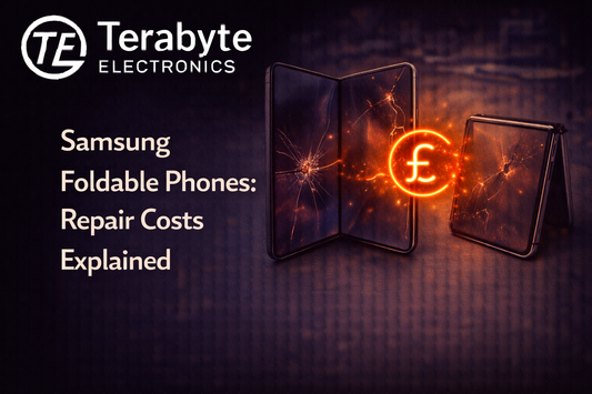 Samsung foldable phone screen repair cost comparison, showing damaged Galaxy Fold displays with repair pricing explained by Terabyte Electronics.
