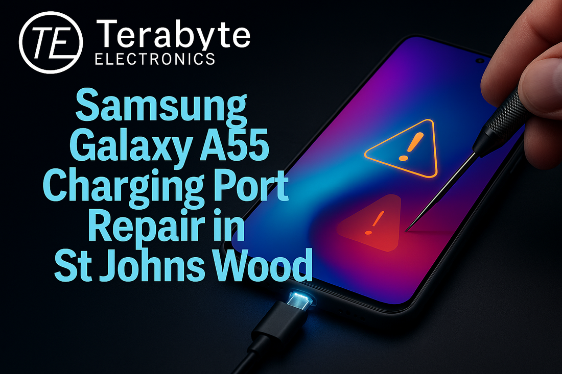 Samsung Galaxy A55 charging port repair in St Johns Wood – device with warning icons and technician tool highlighting charging issue