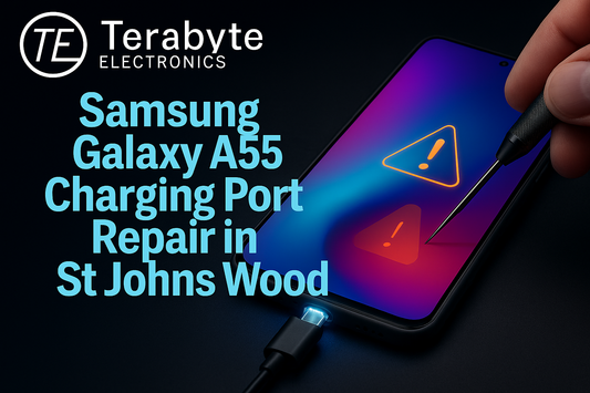 Samsung Galaxy A55 charging port repair in St Johns Wood – device with warning icons and technician tool highlighting charging issue