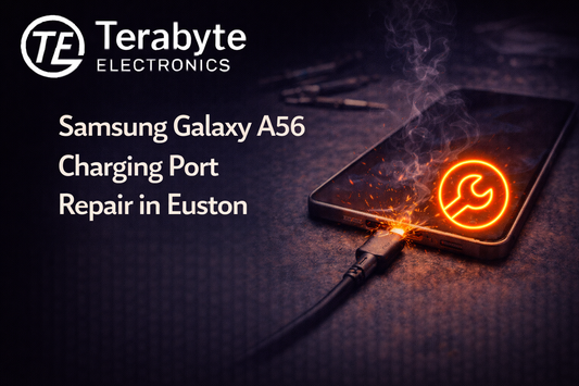 Samsung Galaxy A56 with charging cable connected, showing charging port issue and professional charging port repair service by Terabyte Electronics in Euston