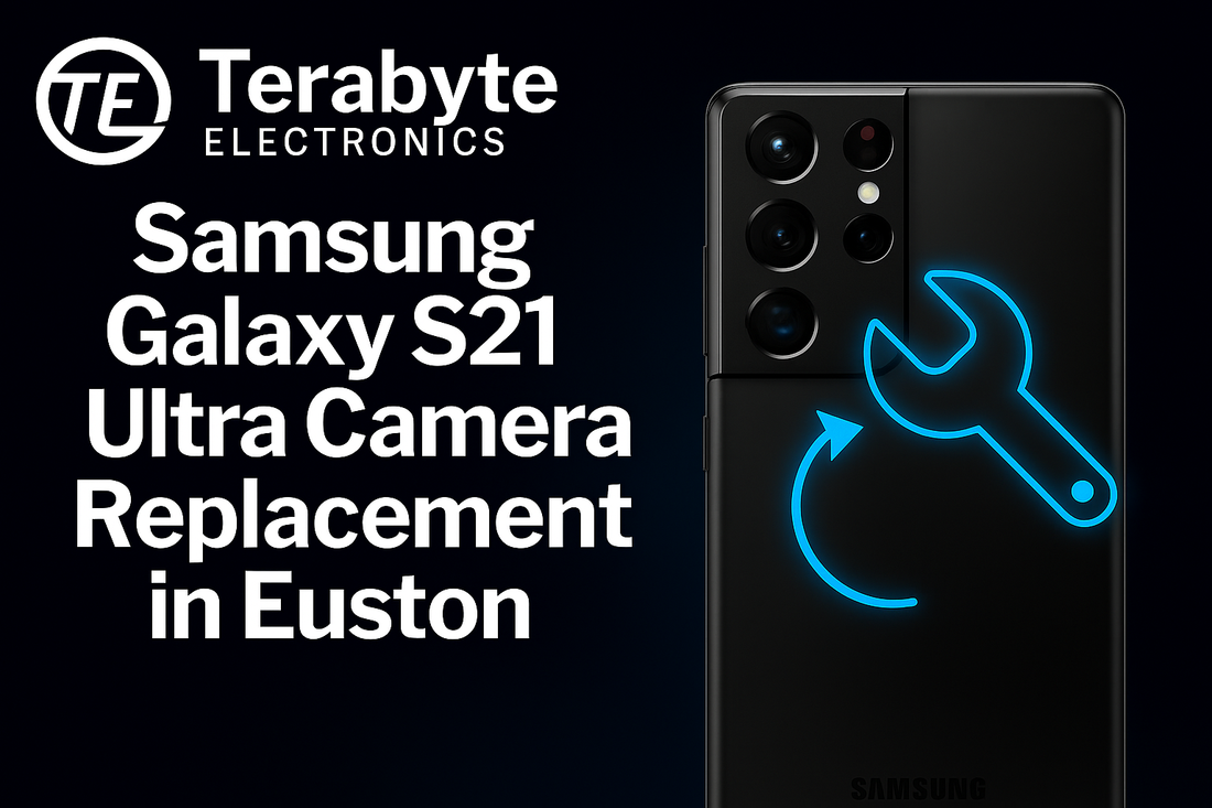 Samsung Galaxy S21 Ultra camera replacement service concept with glowing blue repair wrench icon – Terabyte Electronics blog image for 'Samsung Galaxy S21 Ultra Camera Replacement in Euston'.