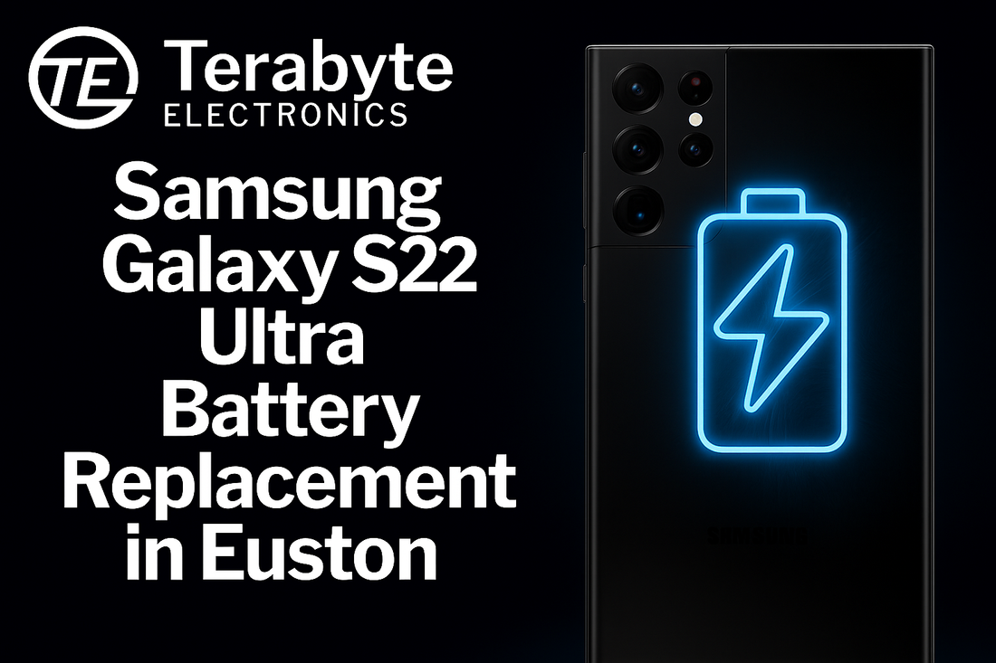 Samsung Galaxy S22 Ultra with glowing blue battery icon – Terabyte Electronics blog image for 'Samsung Galaxy S22 Ultra Battery Replacement in Euston'.