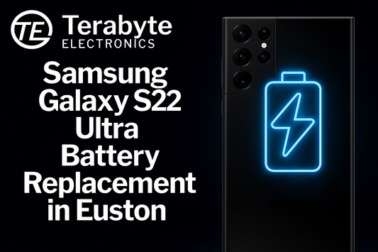 Samsung Galaxy S22 Ultra with glowing blue battery icon – Terabyte Electronics blog image for 'Samsung Galaxy S22 Ultra Battery Replacement in Euston'.