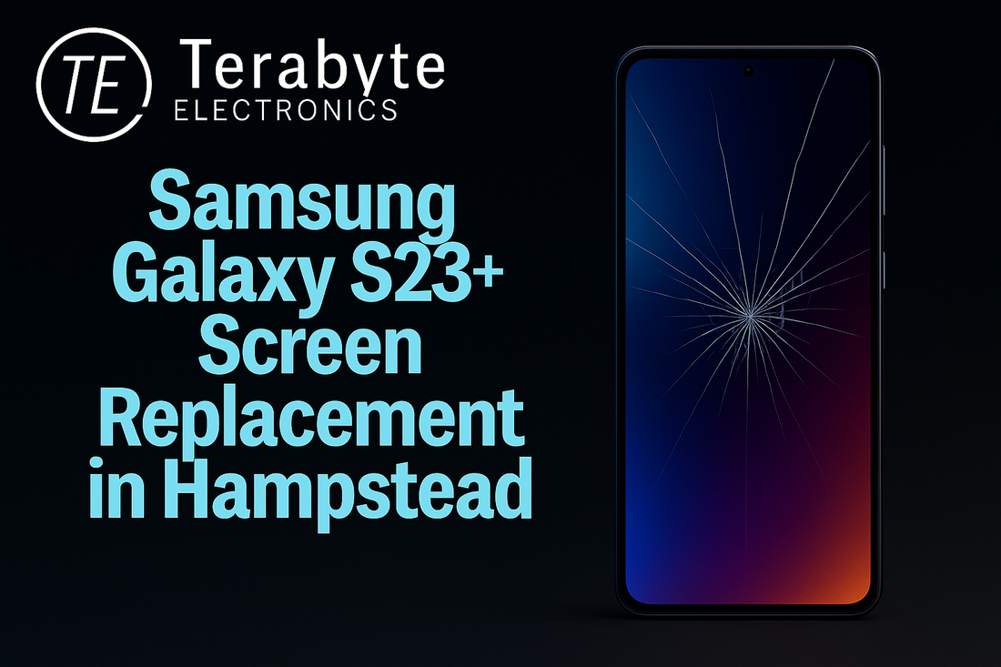 Samsung Galaxy S23 Plus screen replacement in Hampstead – cracked display repair service by Terabyte Electronics, expert phone technicians in London.