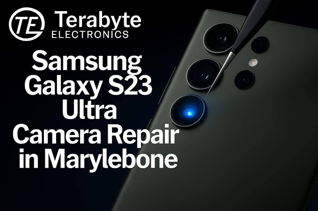 Samsung Galaxy S23 Ultra Camera Repair in Marylebone – Terabyte Electronics expert repair service showing precision tool fixing a glowing blue camera lens on the Galaxy S23 Ultra.