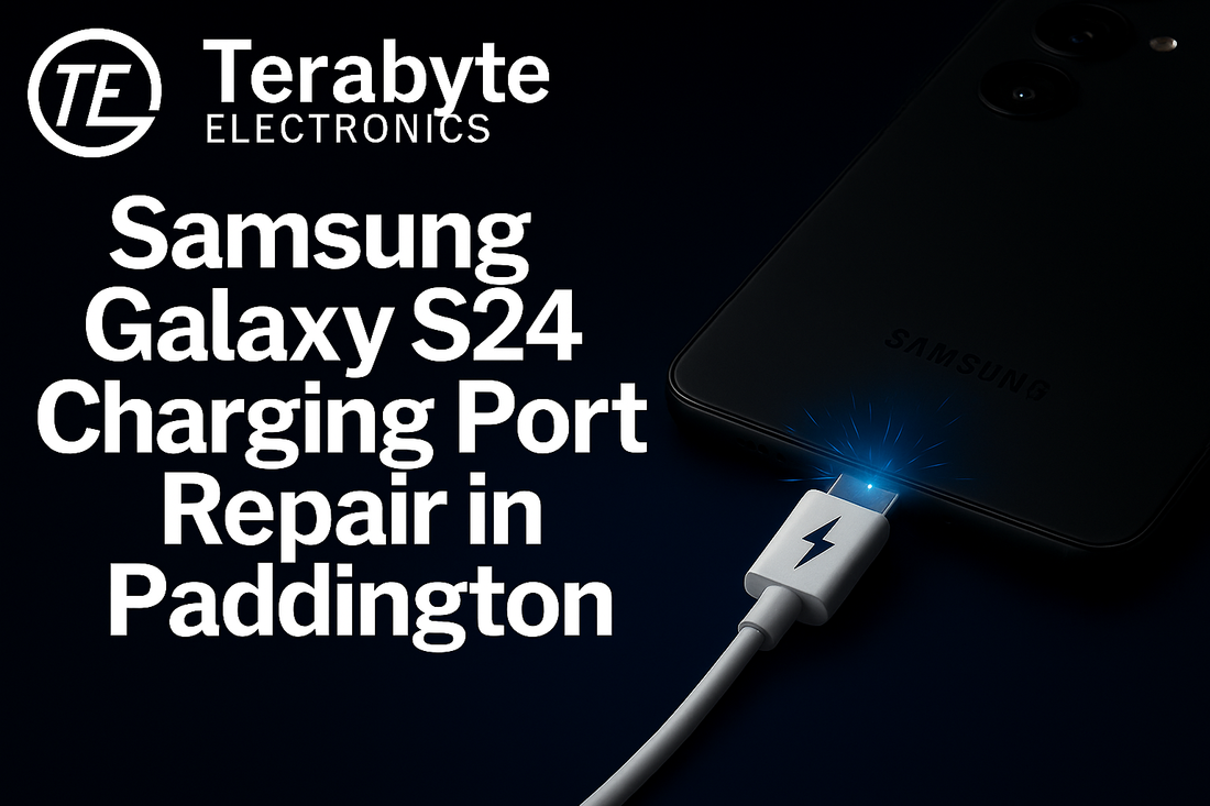Samsung Galaxy S24 Charging Port Repair in Paddington – Terabyte Electronics expert repair service with glowing USB-C connector and premium tech background.