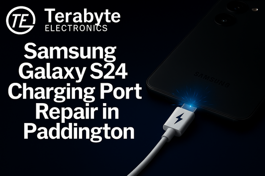 Samsung Galaxy S24 Charging Port Repair in Paddington – Terabyte Electronics expert repair service with glowing USB-C connector and premium tech background.