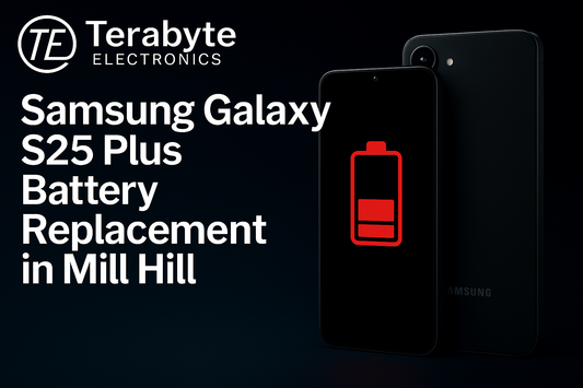 Samsung Galaxy S25 Plus battery replacement in Mill Hill – Terabyte Electronics blog banner showing a low-battery warning and rear view of the S25 Plus on a dark background.