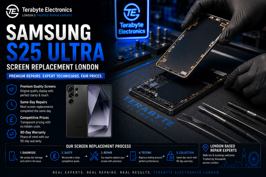 An electronics technician carefully aligning a premium screen framework onto a Samsung Galaxy S25 Ultra smartphone on an anti-static workbench, highlighting expert phone repair in London.
