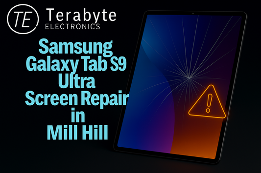 Samsung Galaxy Tab S9 Ultra screen repair in Mill Hill – cracked display with warning icon, Terabyte Electronics blog image.