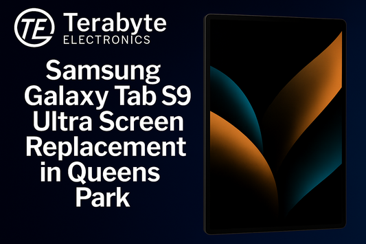 Samsung Galaxy Tab S9 Ultra Screen Replacement in Queens Park – Terabyte Electronics professional tablet repair service featuring the Galaxy Tab S9 Ultra with vibrant display and dark blue tech-themed background.