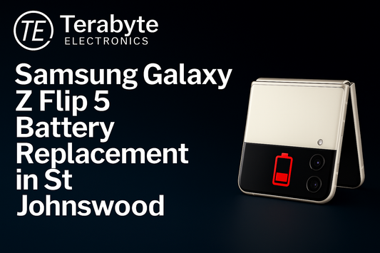 Samsung Galaxy Z Flip 5 Battery Replacement in St Johnswood – Samsung Z Flip 5 with low battery icon, Terabyte Electronics repair service image.