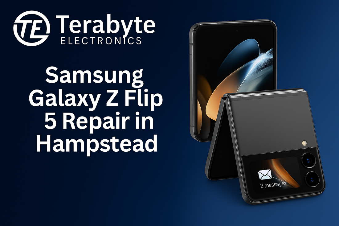 Samsung Galaxy Z Flip 5 repair in Hampstead – expert screen, hinge, and hardware fixes by Terabyte Electronics.