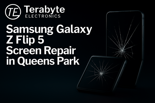 Samsung Galaxy Z Flip 5 screen repair in Queens Park – Terabyte Electronics blog banner showing a cracked Flip 5 inner and outer display on a dark background.
