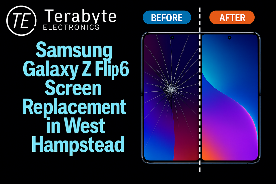 Samsung Galaxy Z Flip 6 screen replacement in West Hampstead – before and after repair comparison by Terabyte Electronics