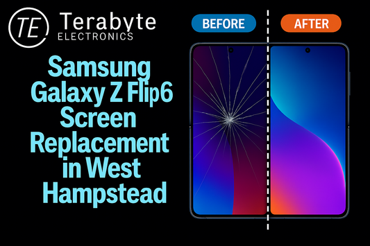 Samsung Galaxy Z Flip 6 screen replacement in West Hampstead – before and after repair comparison by Terabyte Electronics
