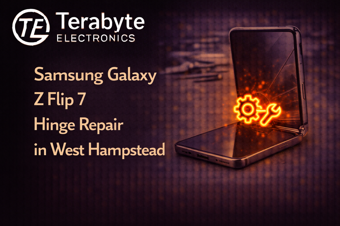 Samsung Galaxy Z Flip 7 hinge repair in West Hampstead London – foldable phone hinge fixing and screen alignment service by Terabyte Electronics