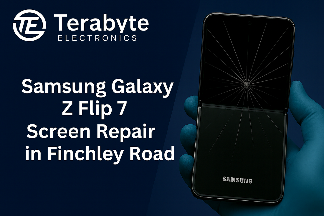 Samsung Galaxy Z Flip 7 screen repair in Finchley Road by Terabyte Electronics showing cracked foldable display with visible Samsung branding