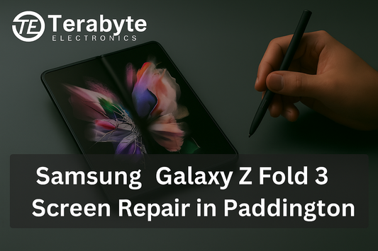 Samsung Galaxy Z Fold 3 phone with a cracked inner screen, a hand holding an S Pen, and the text "Samsung Galaxy Z Fold 3 Screen Repair in Paddington" over a dark background. The Terabyte Electronics logo.