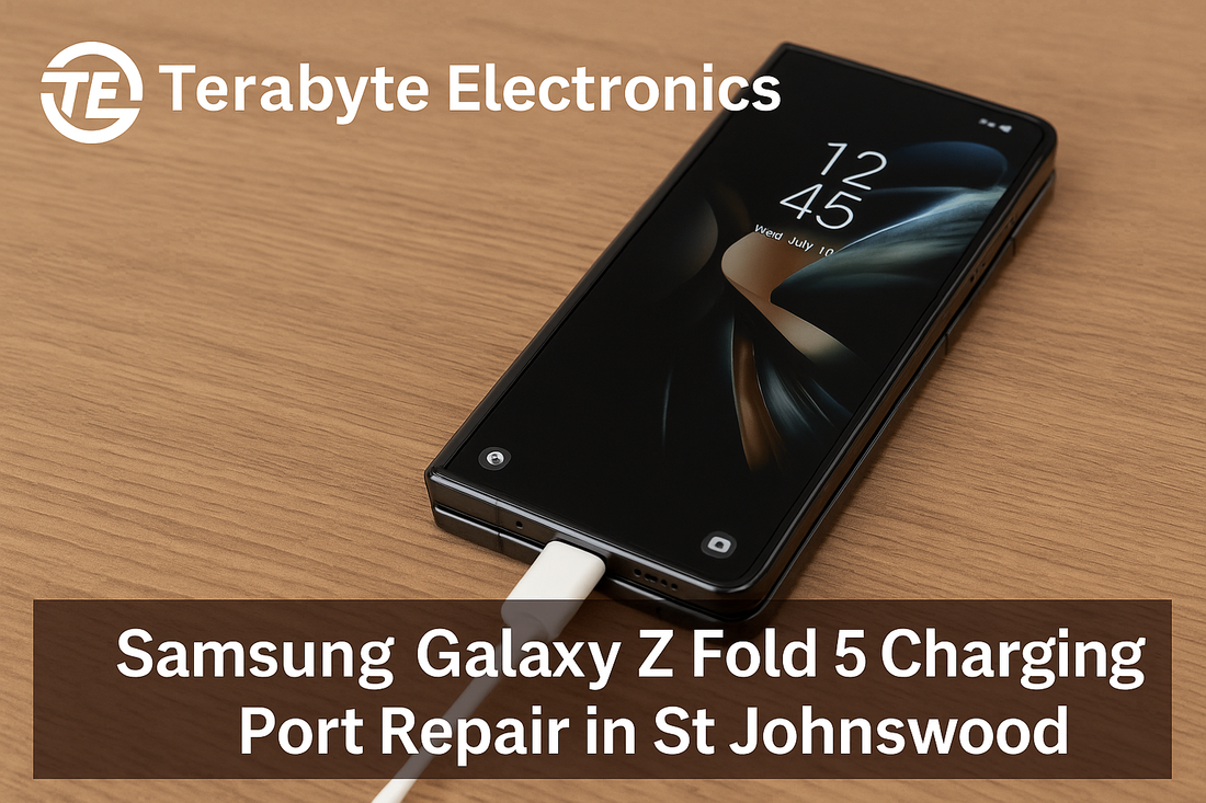 Terabyte Electronics – Samsung Galaxy Z Fold 5 charging with USB-C cable on a wooden table, promoting charging port repair services in St Johnswood.