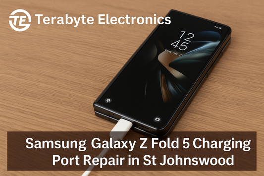 Terabyte Electronics – Samsung Galaxy Z Fold 5 charging with USB-C cable on a wooden table, promoting charging port repair services in St Johnswood.