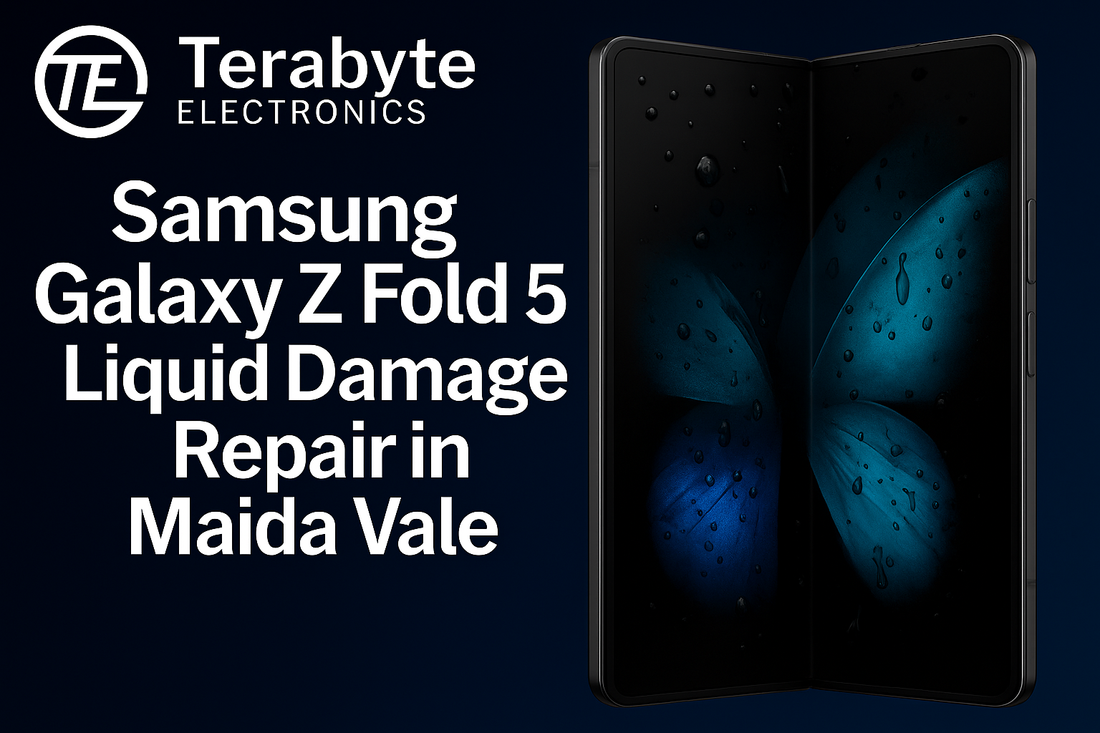 Samsung Galaxy Z Fold 5 Liquid Damage Repair in Maida Vale – Terabyte Electronics professional phone repair service with water droplet effects on foldable device and dark blue background.