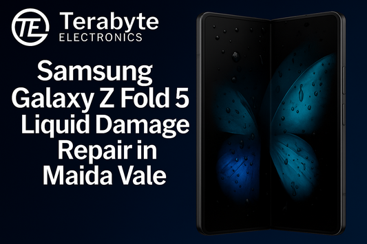 Samsung Galaxy Z Fold 5 Liquid Damage Repair in Maida Vale – Terabyte Electronics professional phone repair service with water droplet effects on foldable device and dark blue background.
