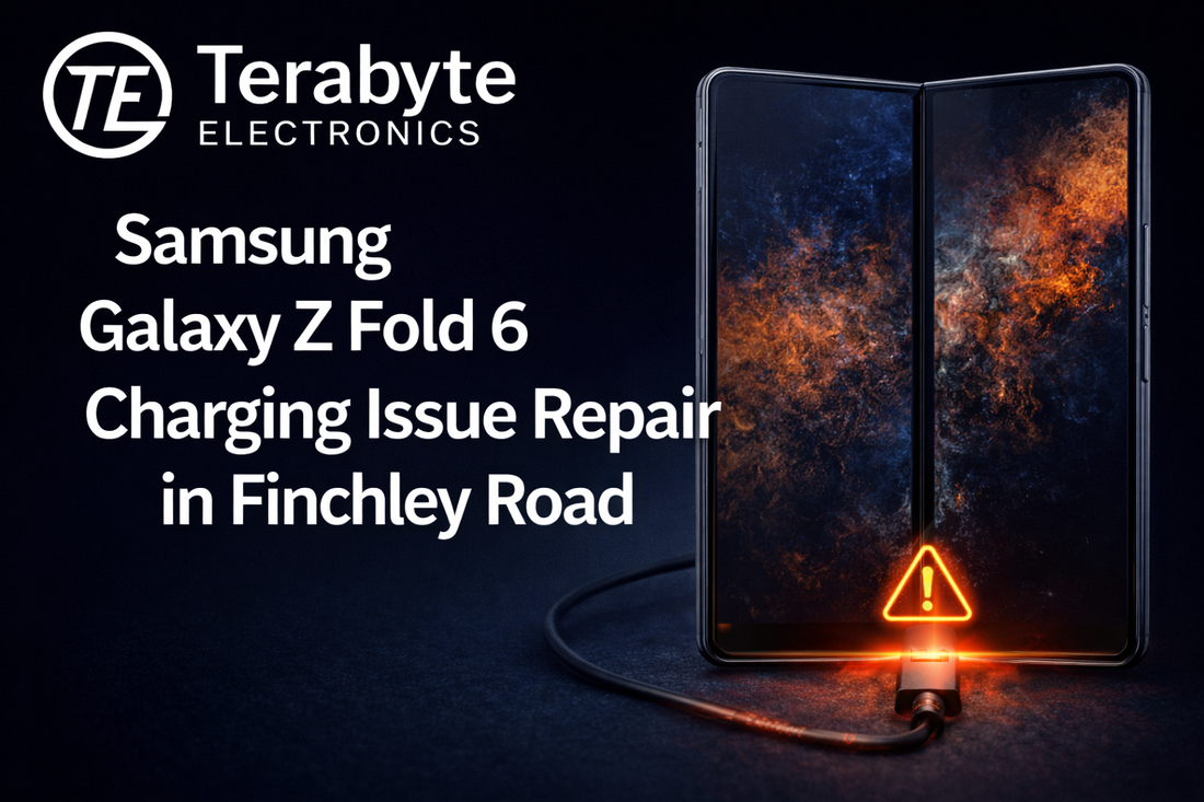 Samsung Galaxy Z Fold 6 charging issue repair in Finchley Road, showing foldable phone connected to charger with warning icon by Terabyte Electronics
