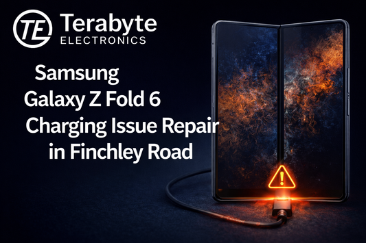 Samsung Galaxy Z Fold 6 charging issue repair in Finchley Road, showing foldable phone connected to charger with warning icon by Terabyte Electronics