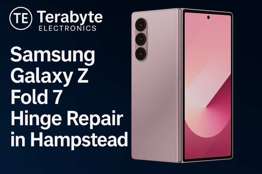 Samsung Galaxy Z Fold 7 hinge repair in Hampstead by Terabyte Electronics showing foldable phone with visible hinge area on dark background